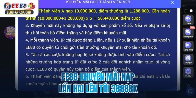 EE88 khuyến mãi nạp lần hai lên tới 38888k