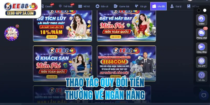 Thao tác quy đổi tiền thưởng về ngân hàng