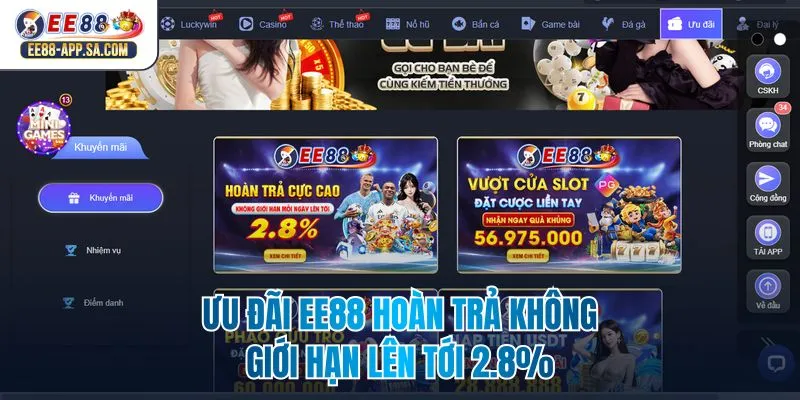Ưu đãi EE88 hoàn trả không giới hạn lên tới 2.8%